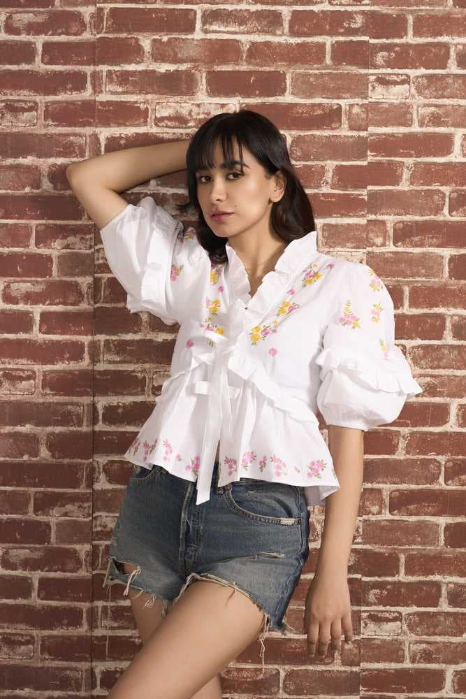 White Frill Blouse with Floral Embroidery