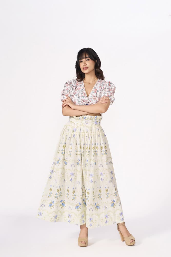 Mint Floral Printed Pleated Maxi Skirt