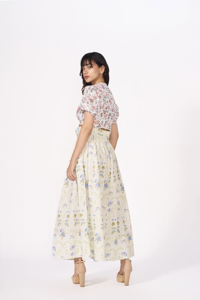 Mint Floral Printed Pleated Maxi Skirt