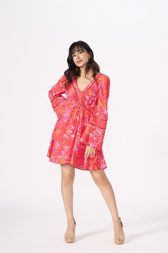 Citrus Printed Cheesecloth Tie Mini Dress