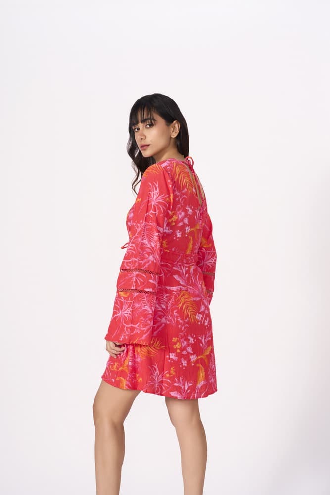 Citrus Printed Cheesecloth Tie Mini Dress