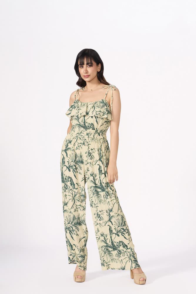Nature Print Frill Cheesecloth Jumpsuit