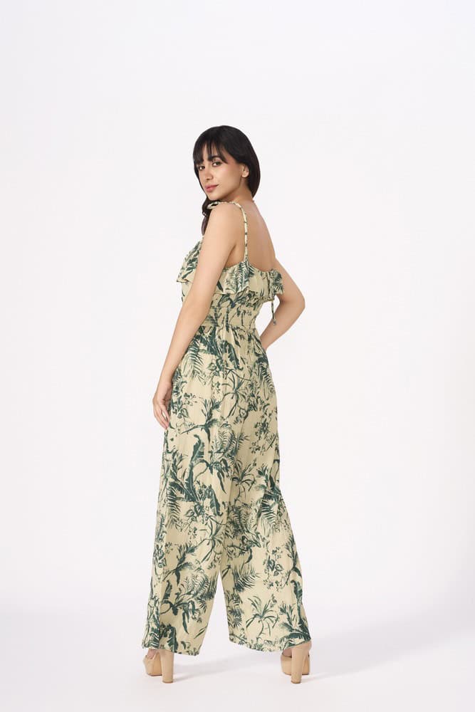 Nature Print Frill Cheesecloth Jumpsuit