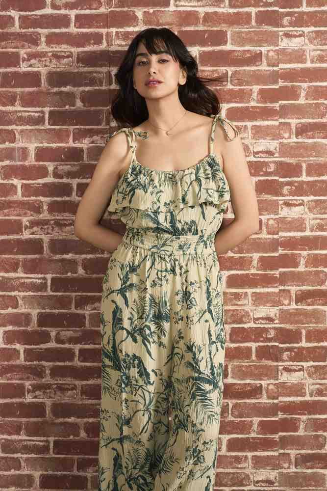 Nature Print Frill Cheesecloth Jumpsuit