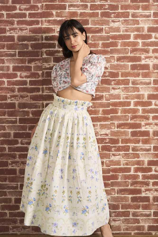 Mint Floral Printed Pleated Maxi Skirt