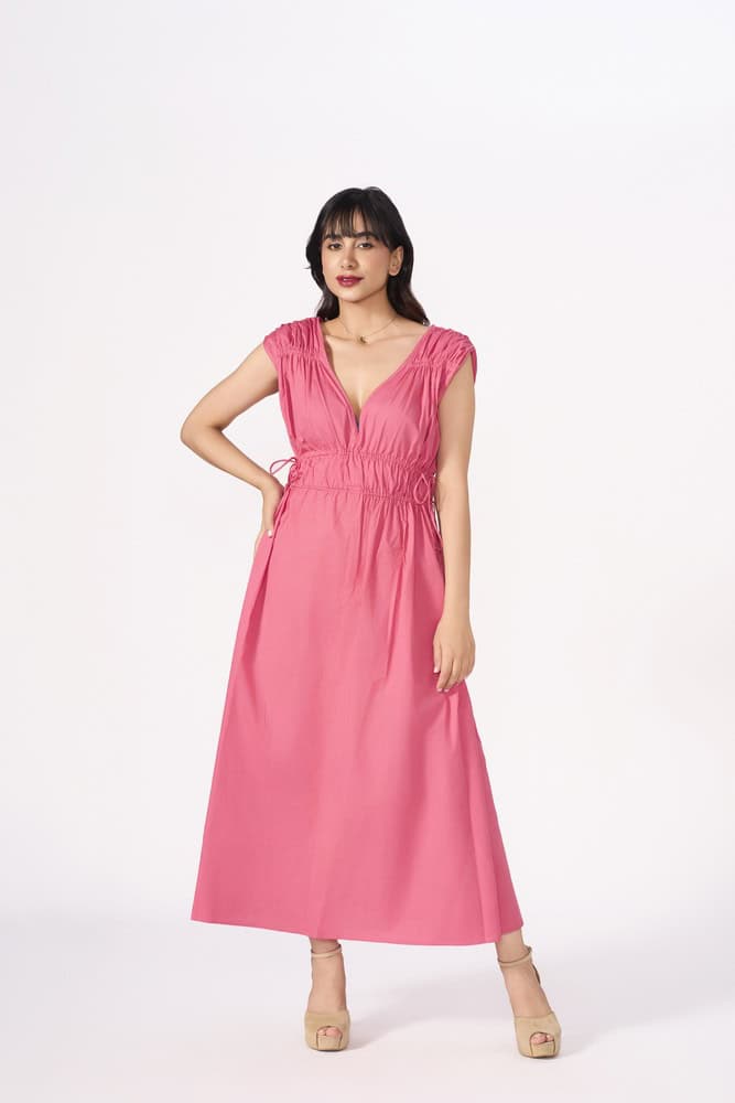 Ruched Cotton Wide Neck Maxi Dress