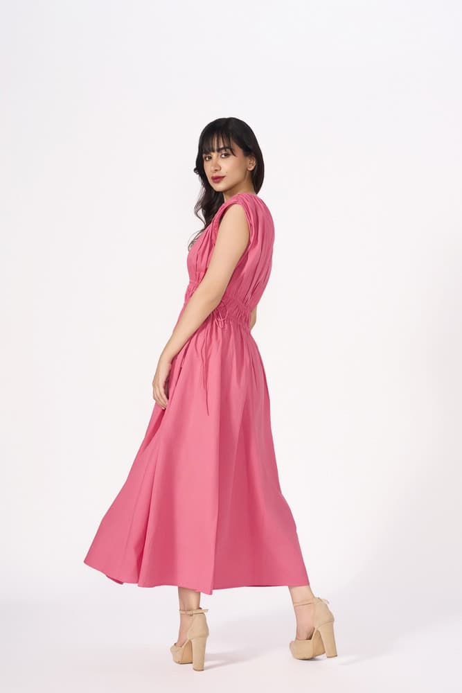 Ruched Cotton Wide Neck Maxi Dress