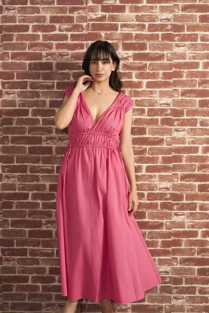 Ruched Cotton Wide Neck Maxi Dress