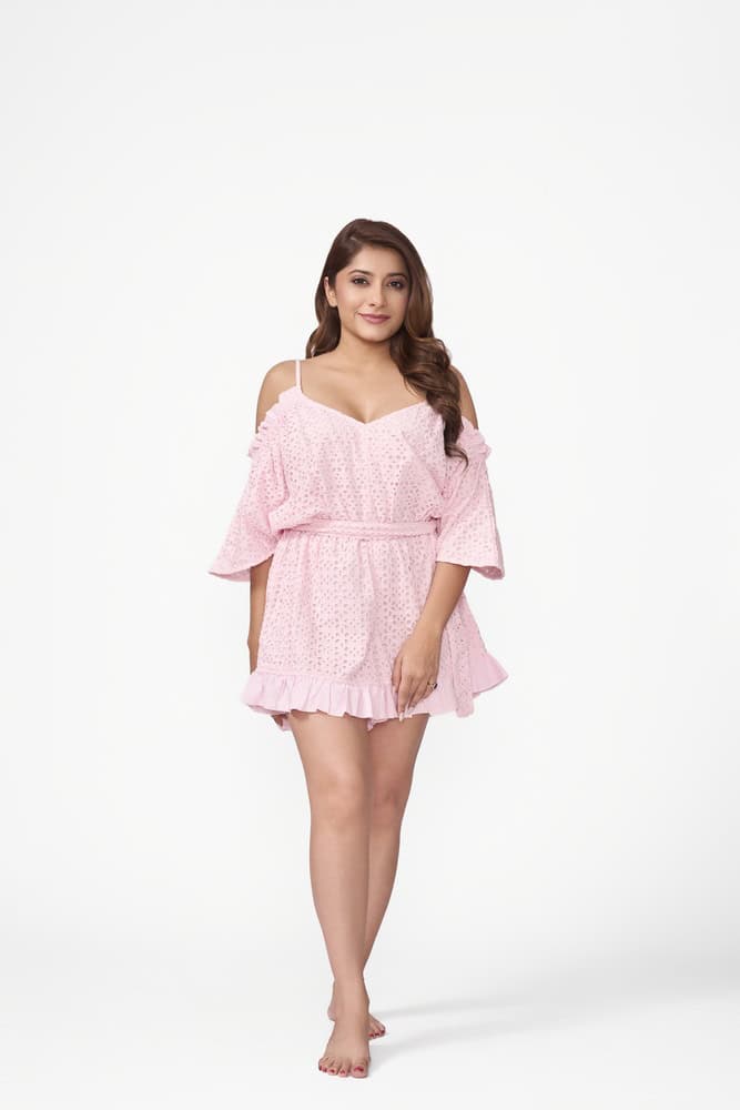 Pink Broderie Tie Waist Playsuit