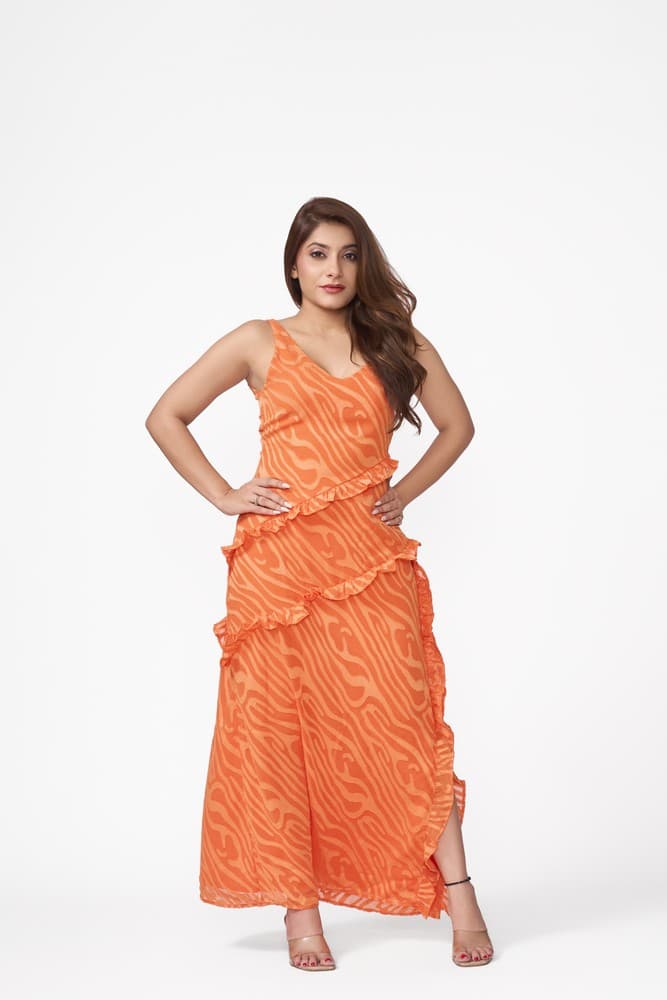 Satin Burnout Frill Maxi Dress