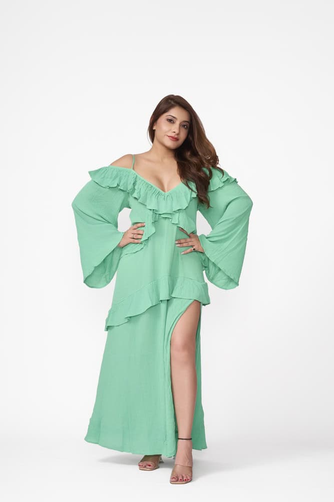 Cheesecloth Plunge Neck Asymmetric Dress