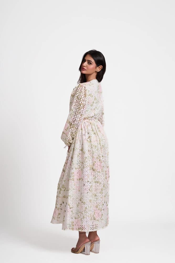 Printed Broderie Plunge Neck Maxi Dress