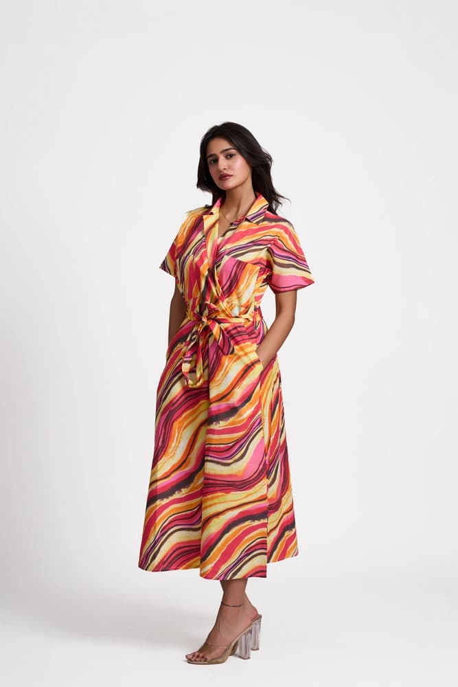 Sunset Print Double Pocketed Midi Dress