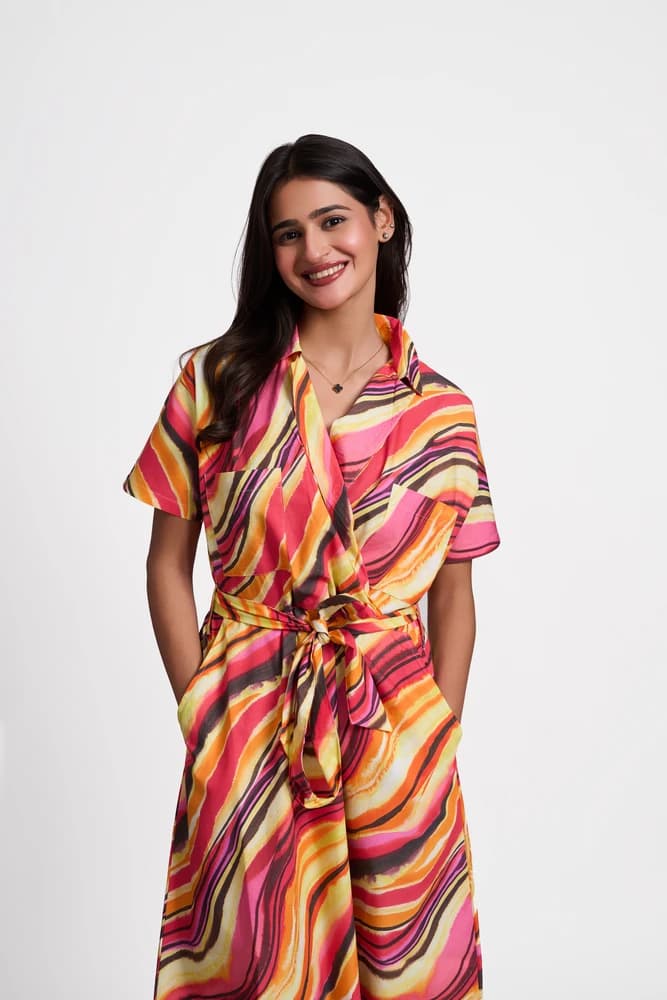 Sunset Print Double Pocketed Midi Dress