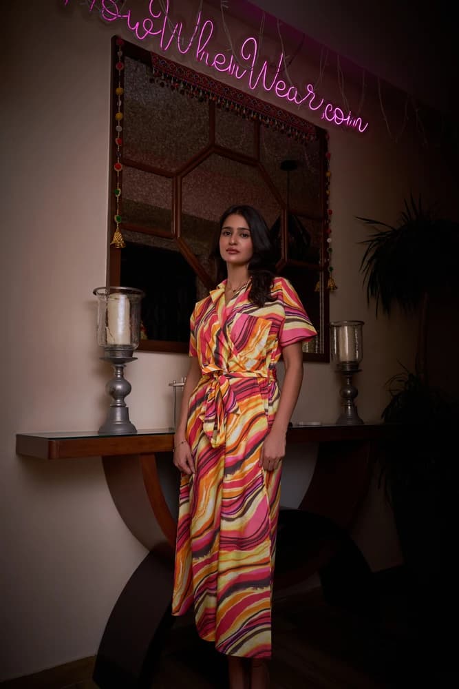 Sunset Print Double Pocketed Midi Dress