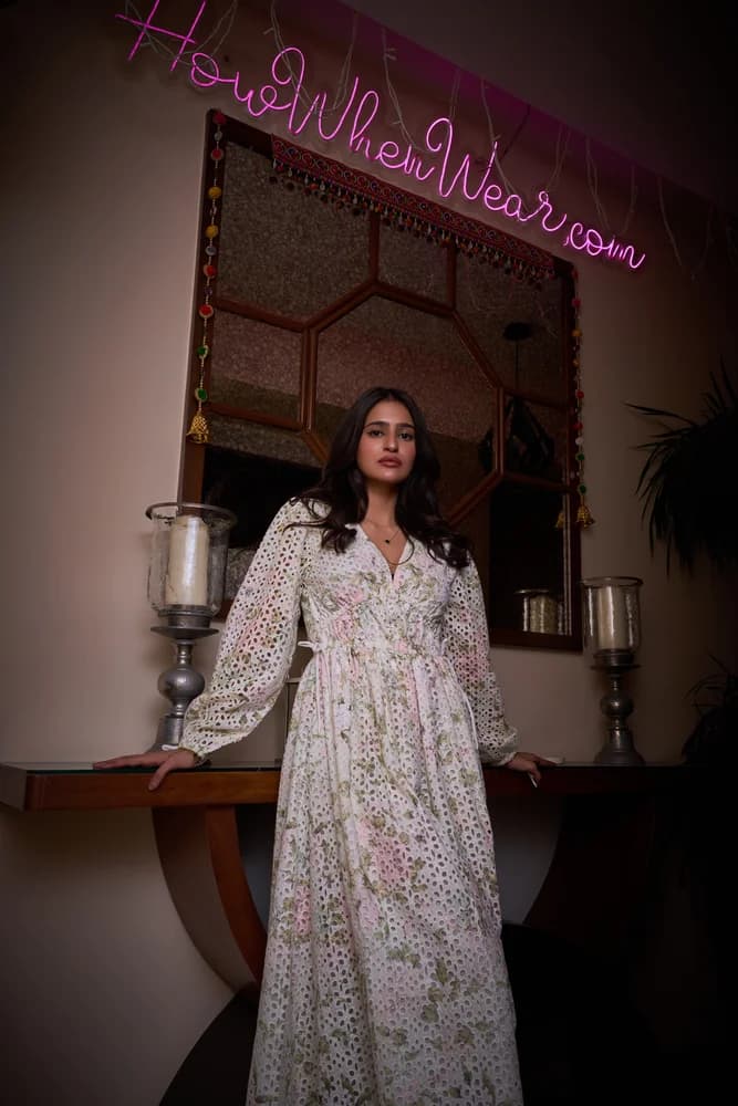 Printed Broderie Plunge Neck Maxi Dress