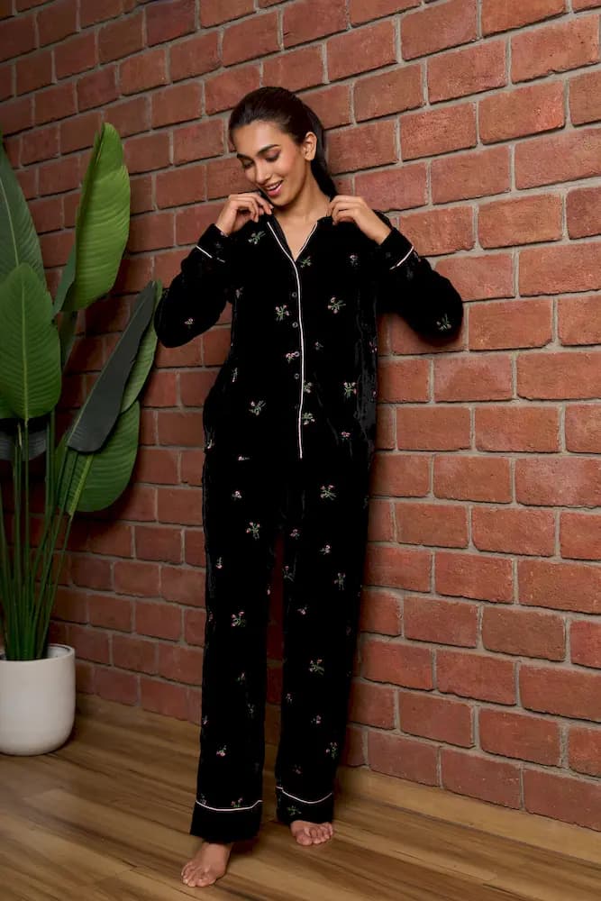 Ditsy Embroidered Velvet Night Set