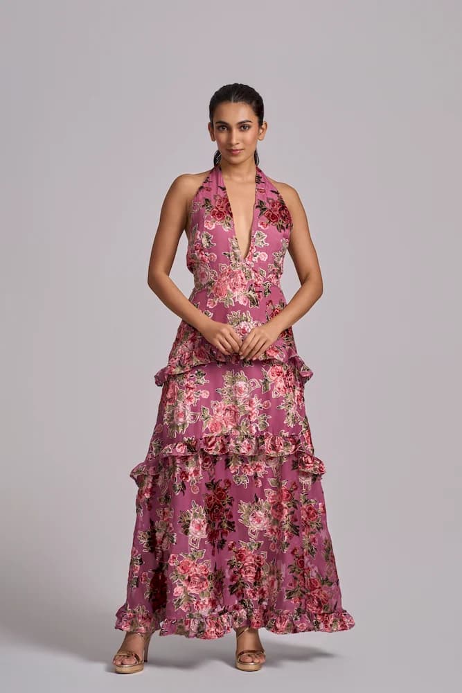 Plunge Neck Layered Velvet Dress