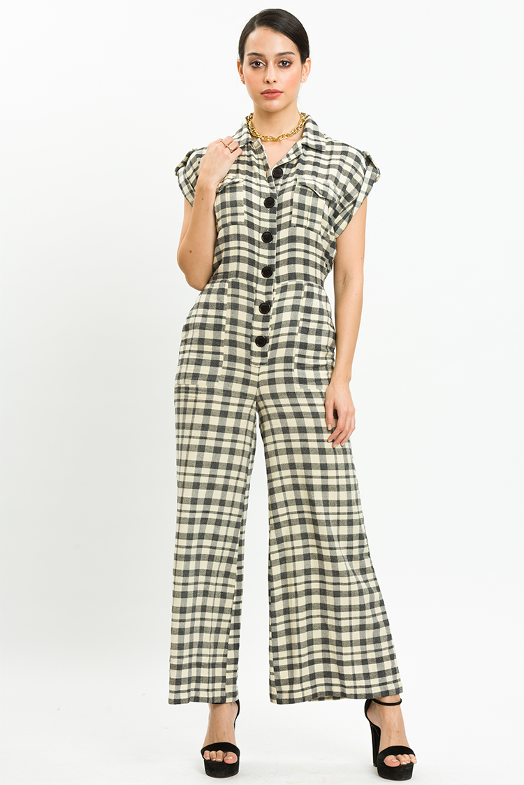 Gingham Check Front Button Jumpsuit