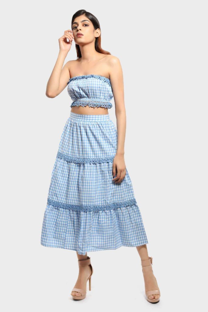 Gingham Check Lace Tiered Skirt