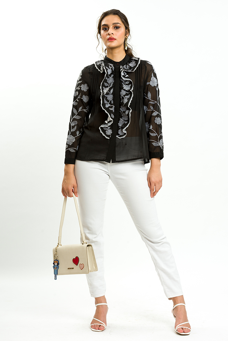 Georgette Frill Top With Floral Embroidery