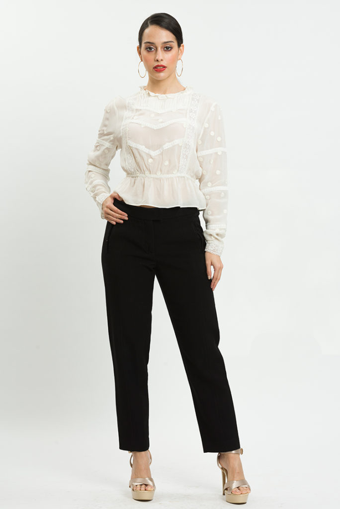 High Neck Pleated Lace And Embroidery Top