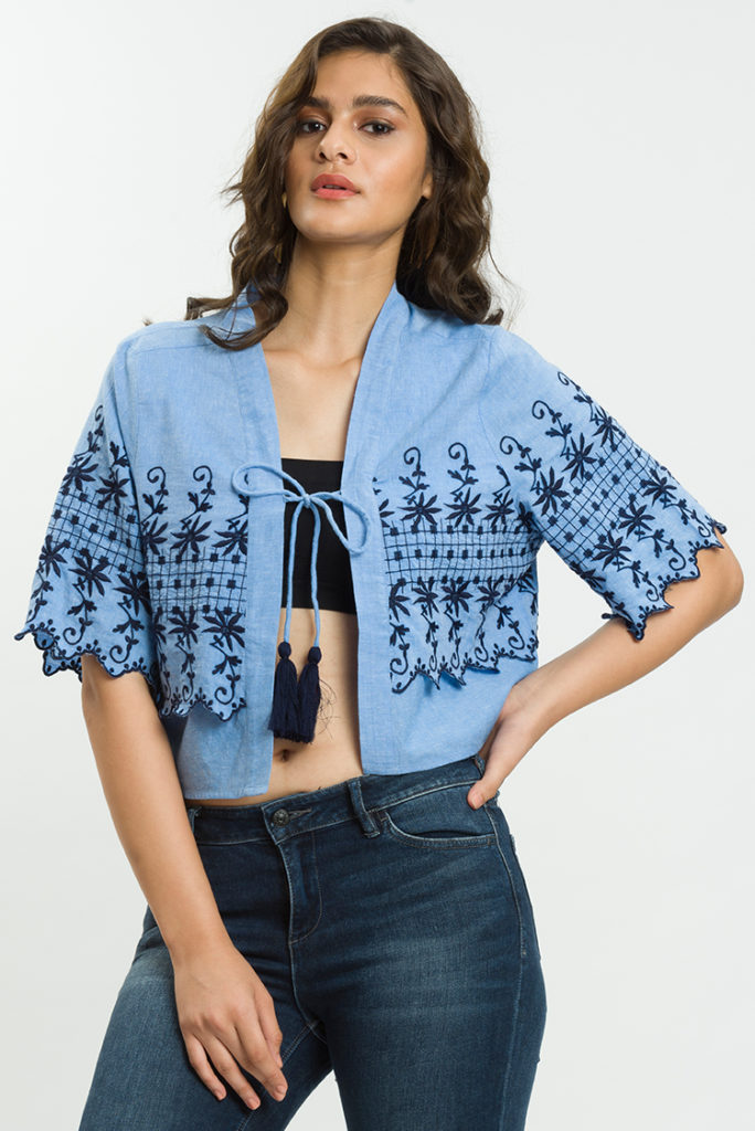 Blue Tassel Top With Embroidery And Tie Detail