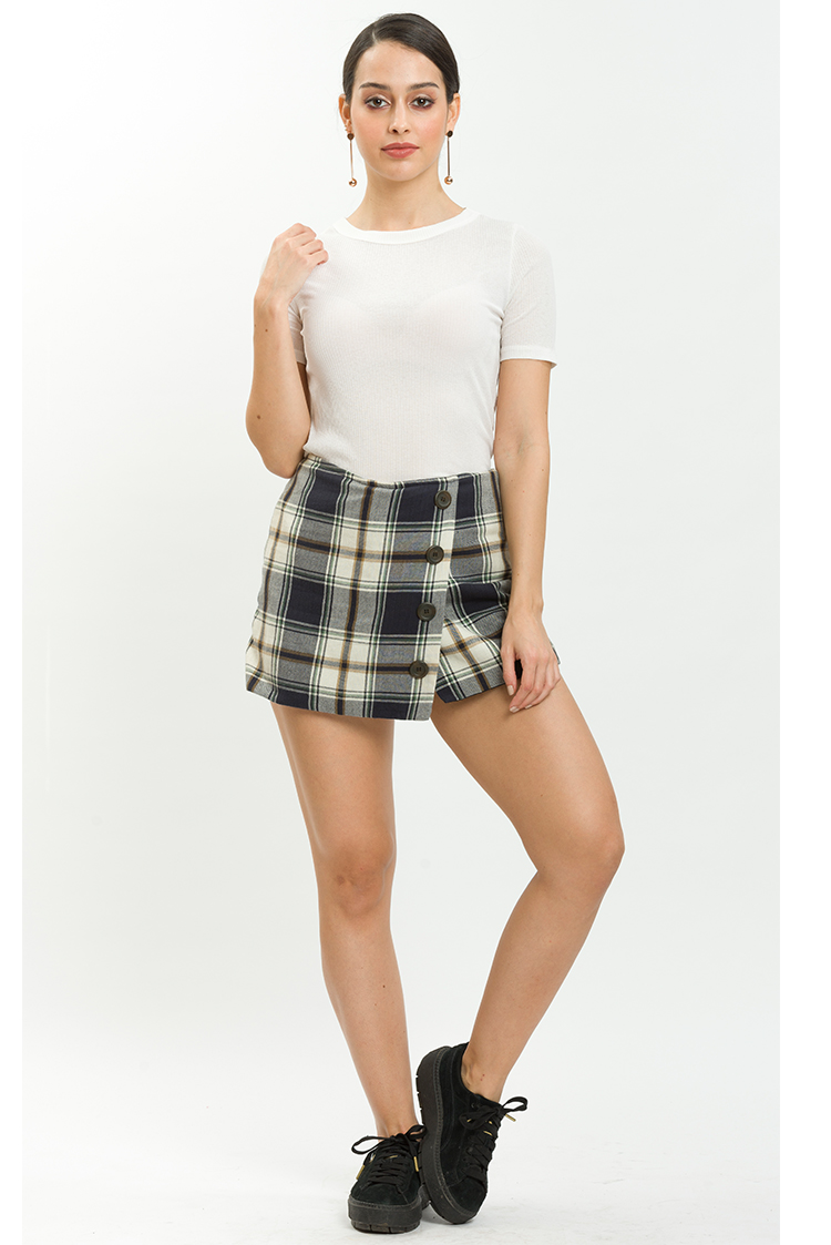 Check Front Buttoned Skirt