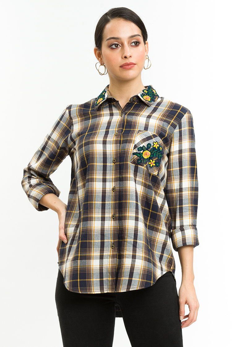 Check Shirt With Applique Embroidery Design